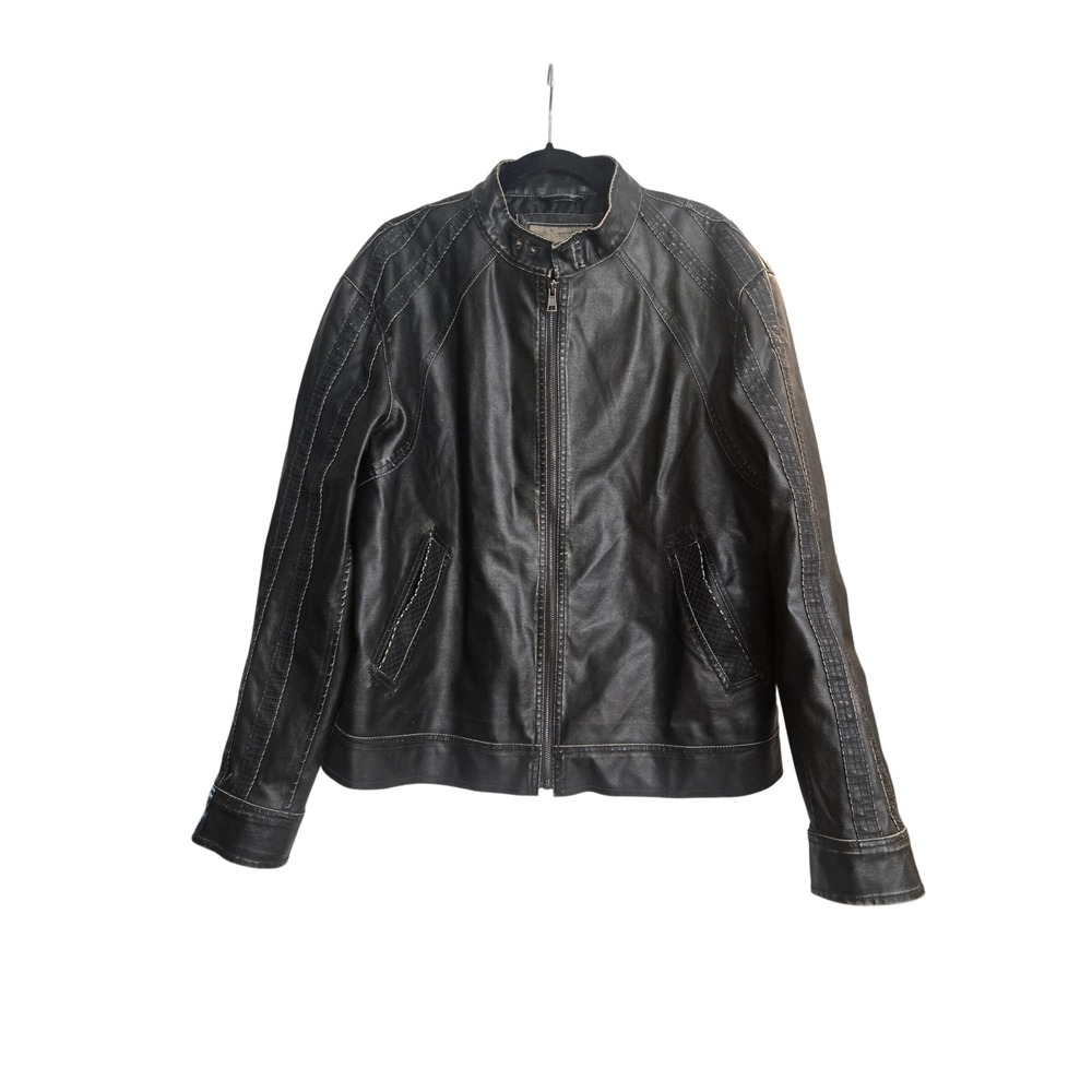 BKE Mens Black Faux Leather Cafe Racer Moto Jacket‎ Distressed Large